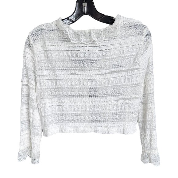 Allegra K White Lace Cropped Cardigan Medium | Ruffle Trim, Stretchy Knit, NWT - Picture 2 of 6